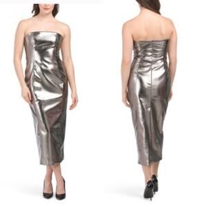 NWT 7FAM Silver Metallic Strapless Bodycon Midi Dress Size Large